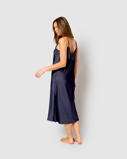 Camicia da notte midi in raso blu