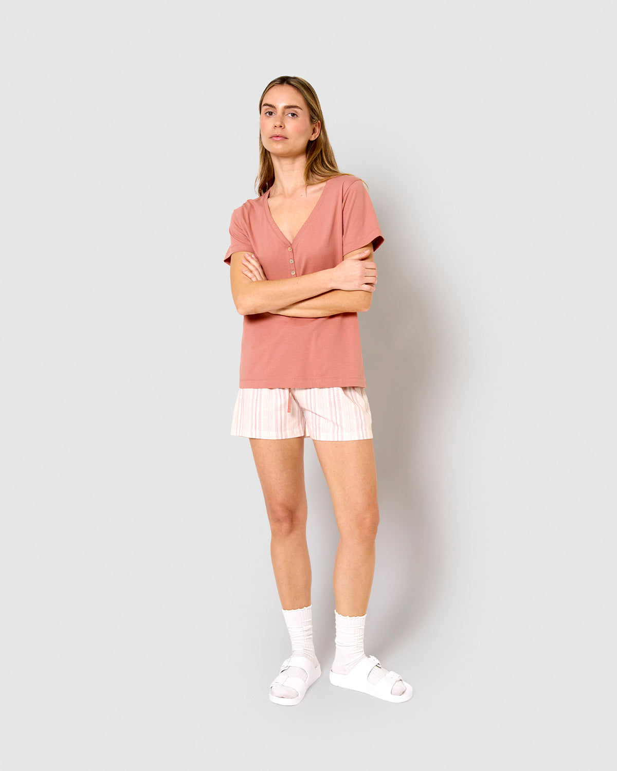 Pigiama corto in cotone, a righe, rosa, Martuca