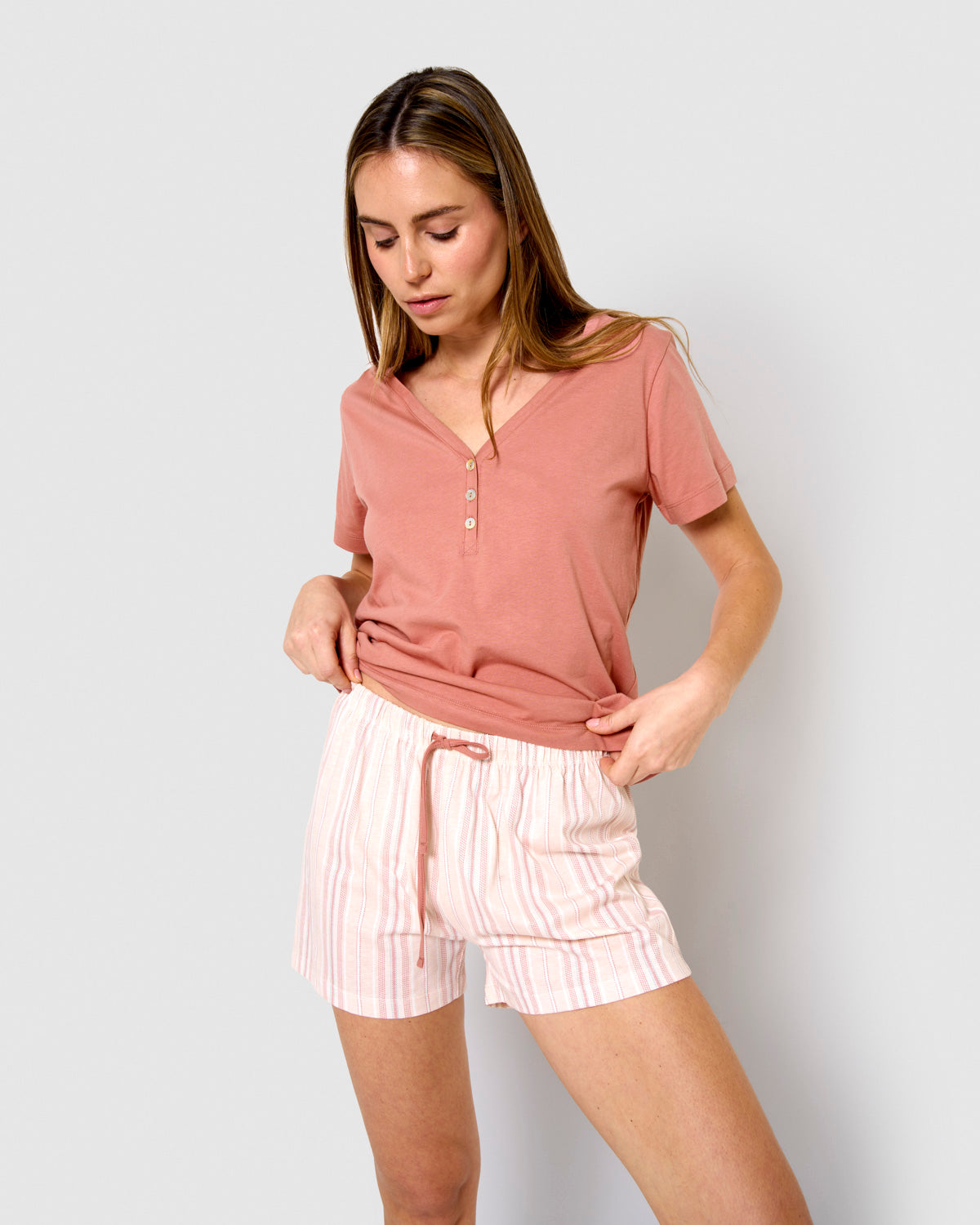 Pigiama corto in cotone, a righe, rosa, Martuca