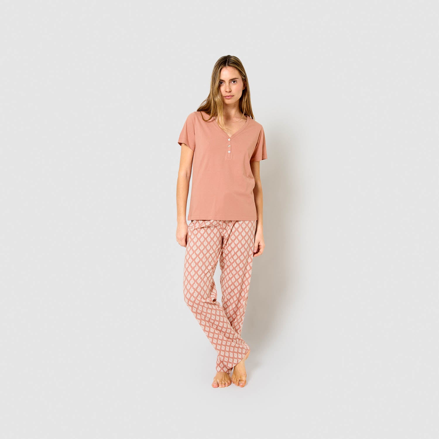 Pijama largo algodón manga corta con escote pico zurich rosa