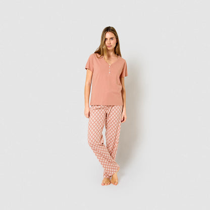 Pijama largo algodón manga corta con escote pico zurich rosa