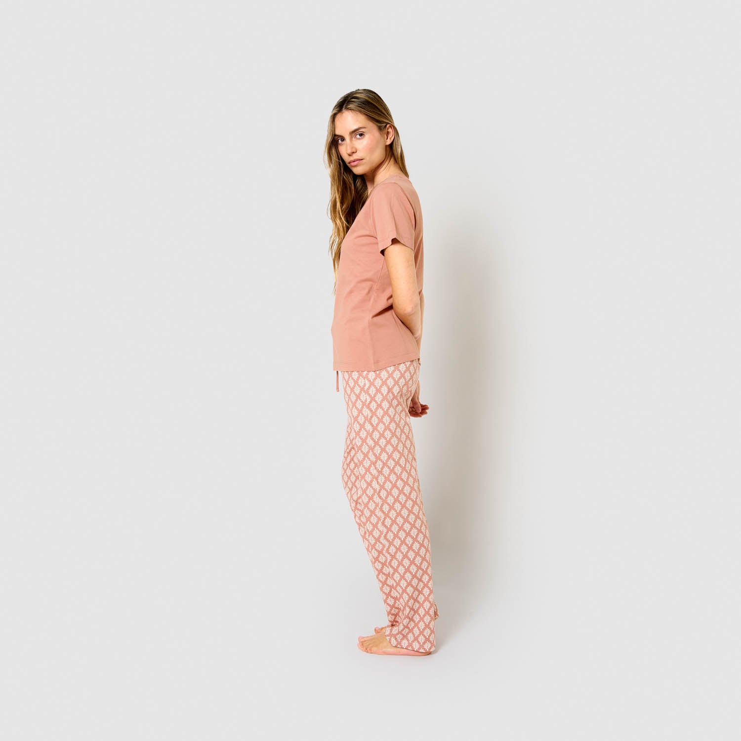 Pijama largo algodón manga corta con escote pico zurich rosa