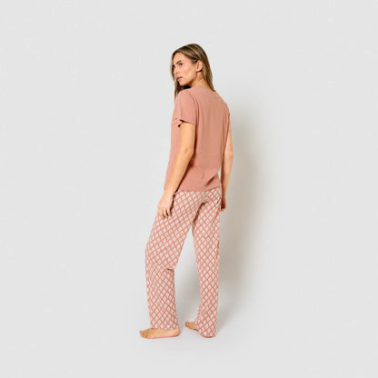 Pijama largo algodón manga corta con escote pico zurich rosa