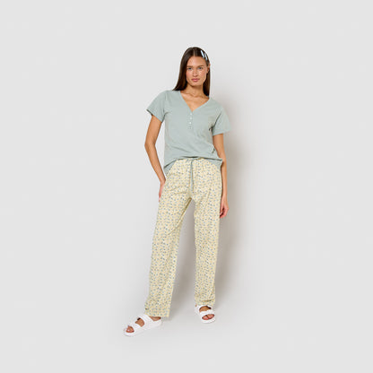 Long cotton pajamas with short sleeves and V-neck, Domana aqua blue