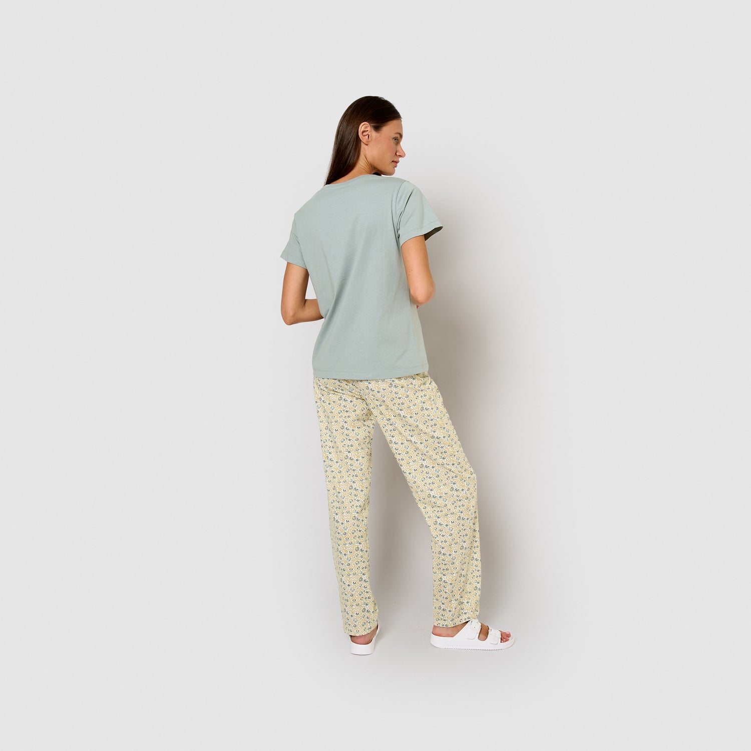 Long cotton pajamas with short sleeves and V-neck, Domana aqua blue