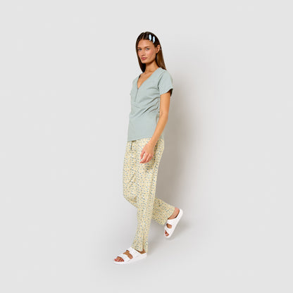 Long cotton pajamas with short sleeves and V-neck, Domana aqua blue
