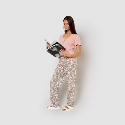 Meghan pale pink cotton long pajamas with short sleeves and V-neck