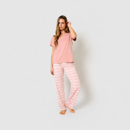 Pigiama lungo di cotone a maniche corte e scollo a V, rosa