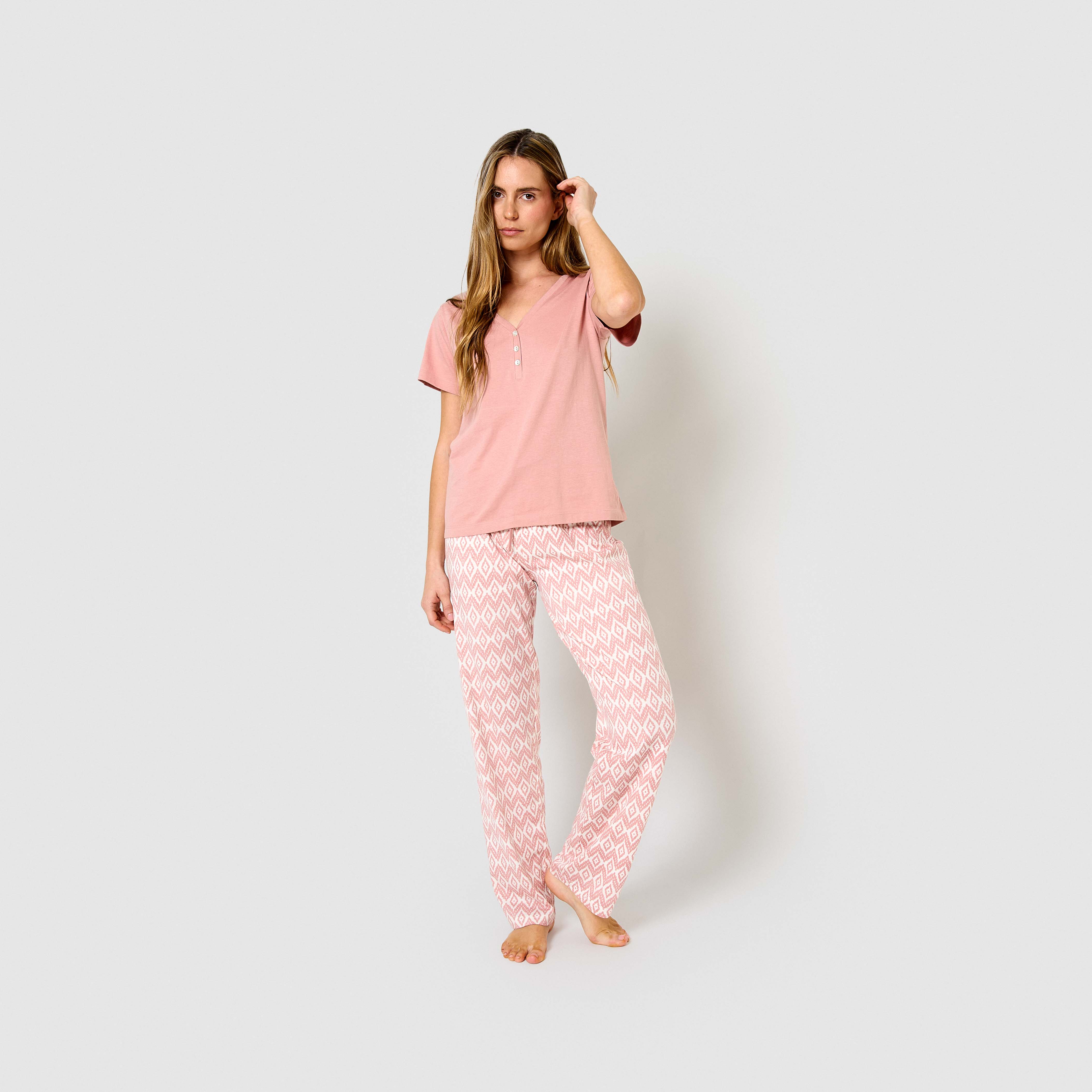 Pijama largo algodón manga corta con escote pico dida rosa