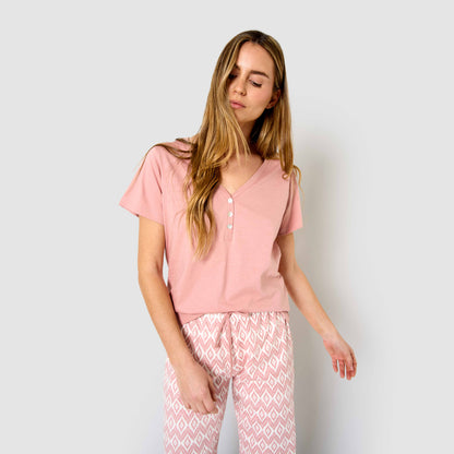 Pigiama lungo di cotone a maniche corte e scollo a V, rosa