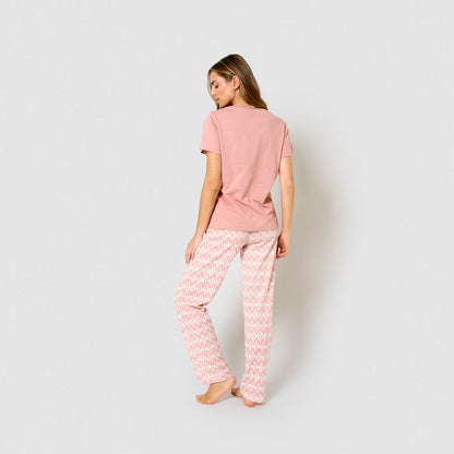 Pigiama lungo di cotone a maniche corte e scollo a V, rosa