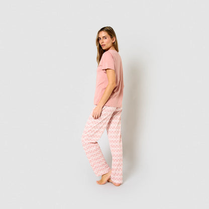 Pigiama lungo di cotone a maniche corte e scollo a V, rosa