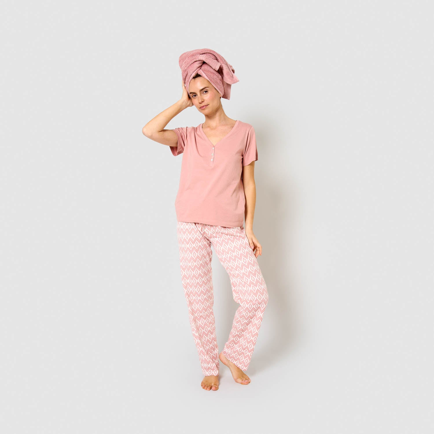Pigiama lungo di cotone a maniche corte e scollo a V, rosa