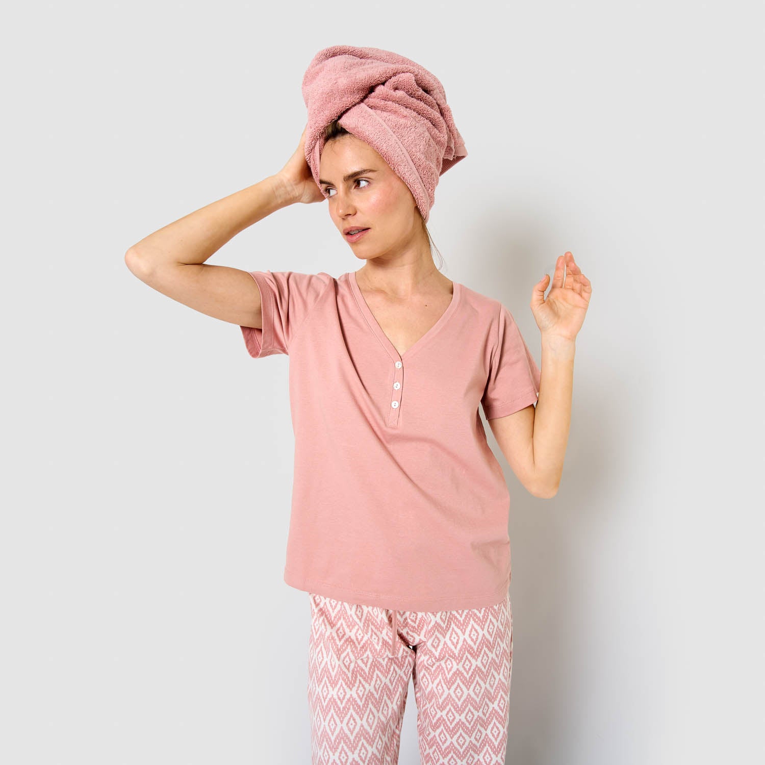 Pijama largo algodón manga corta con escote pico dida rosa