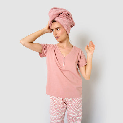 Pigiama lungo di cotone a maniche corte e scollo a V, rosa