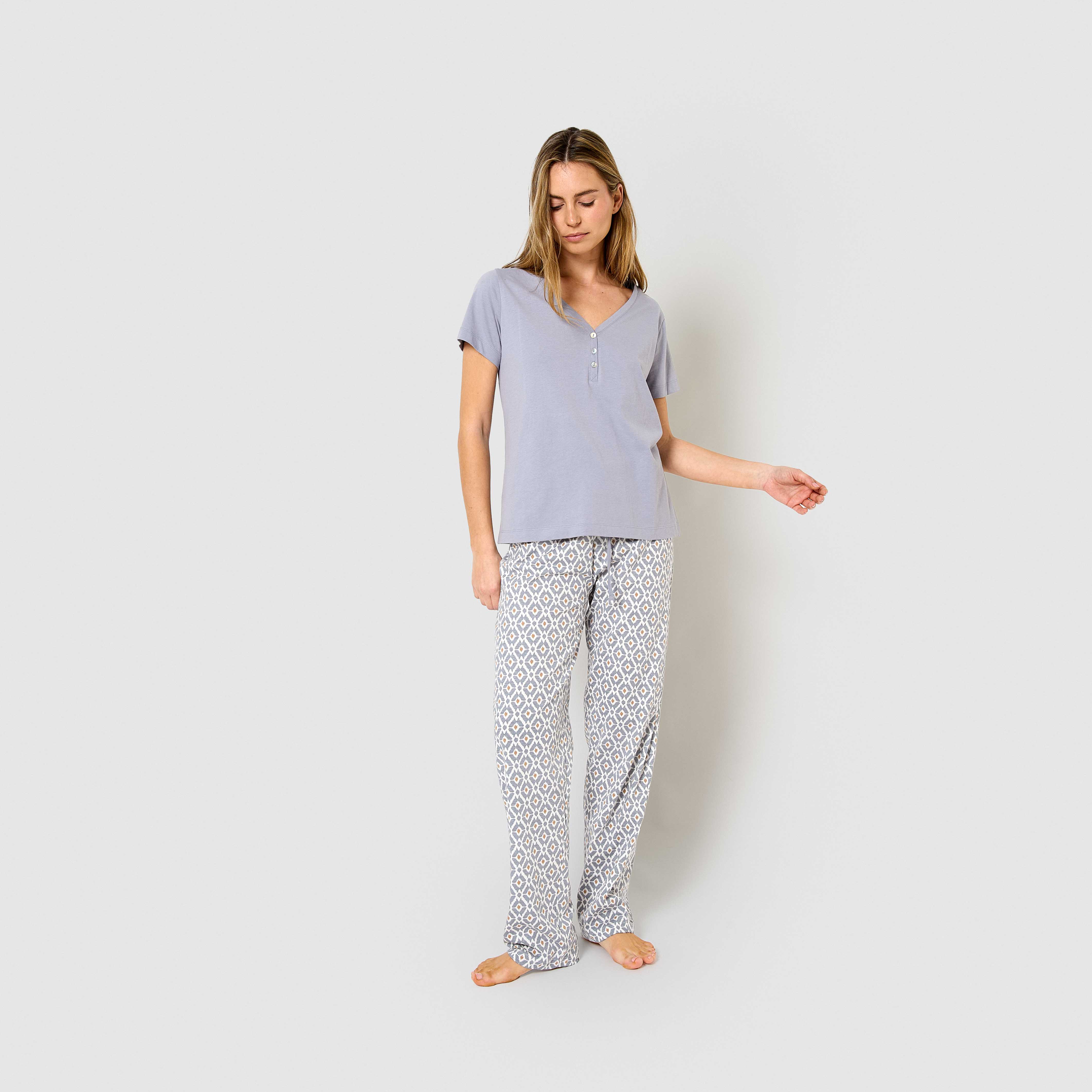 Pijama largo algodón manga corta con escote pico waterloo índigo