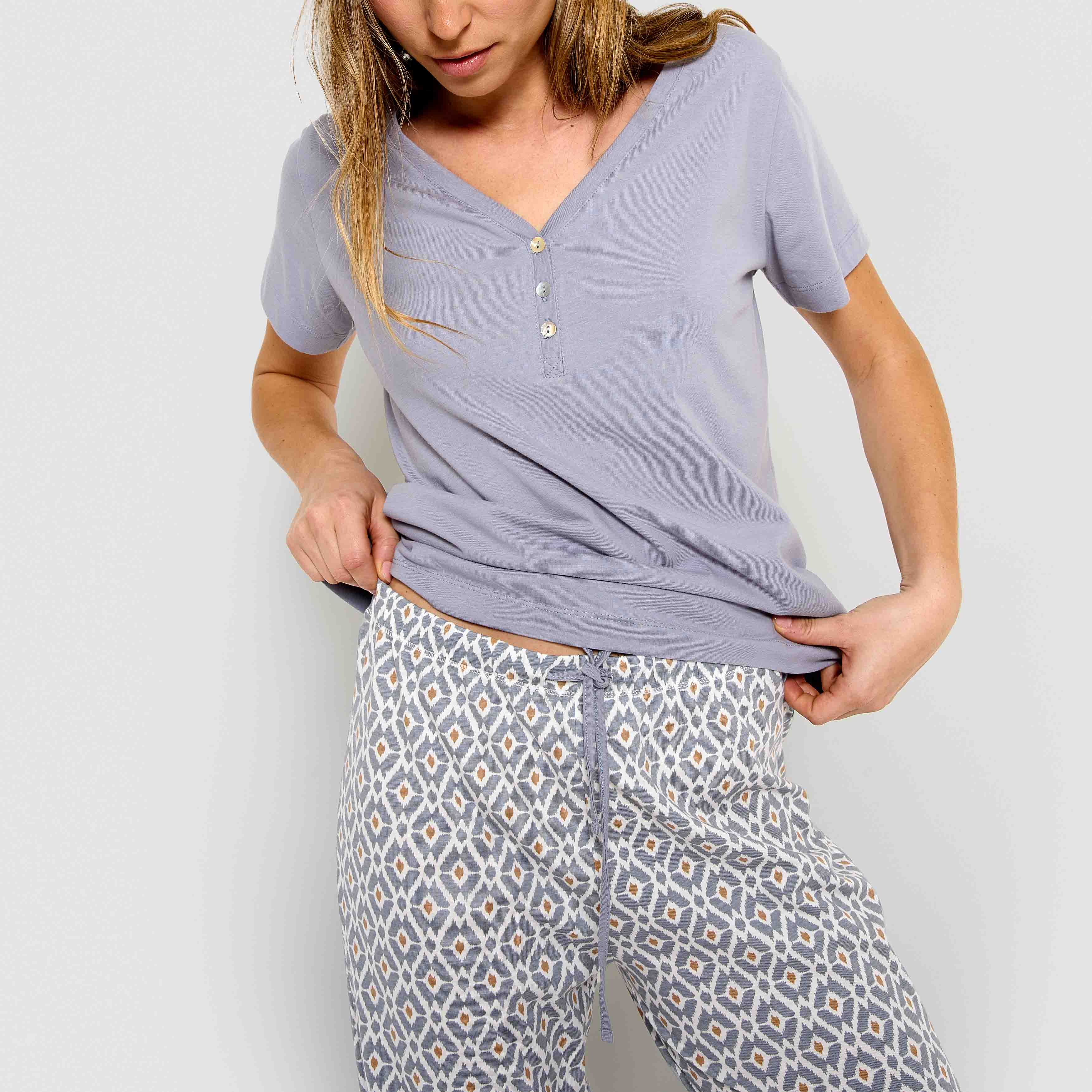 Pijama largo algodón manga corta con escote pico waterloo índigo