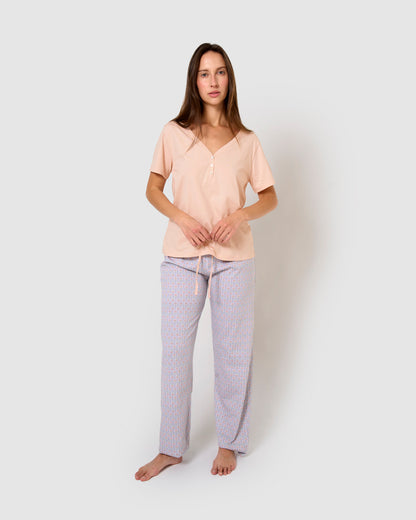 Pijama largo algodón manga corta con escote pico milena rosa