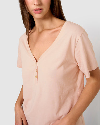 Pijama largo algodón manga corta con escote pico milena rosa