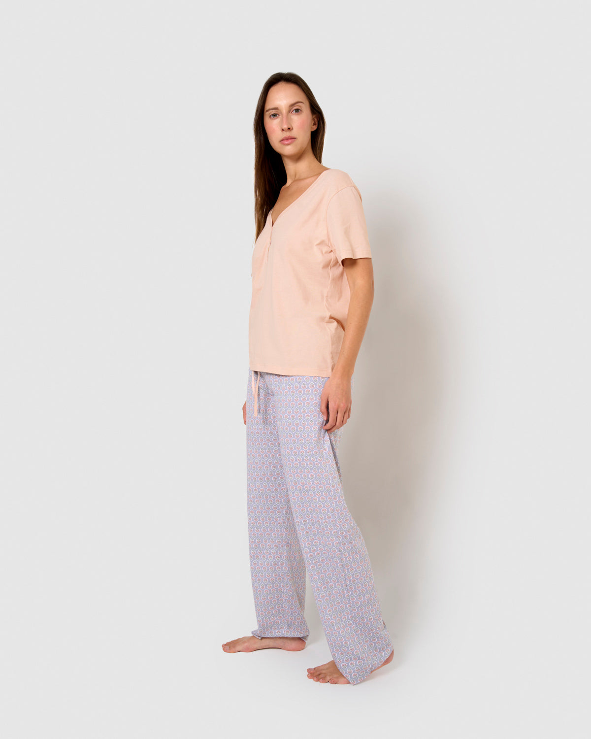 Pijama largo algodón manga corta con escote pico milena rosa