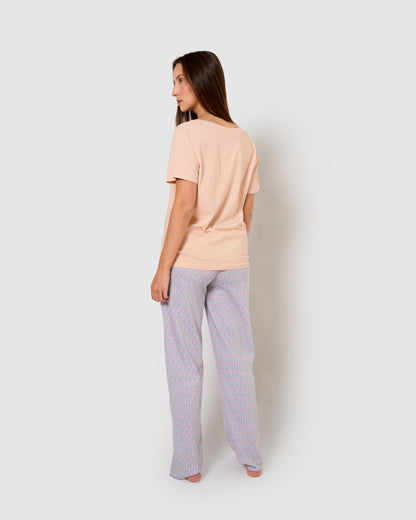 Pijama largo algodón manga corta con escote pico milena rosa