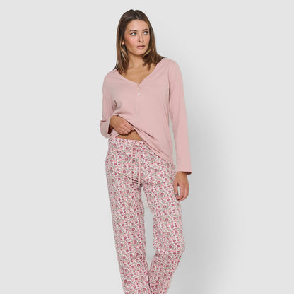 Pijama largo de algodón con escote pico amazonas rosa