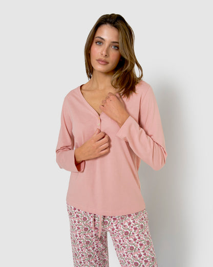 Pyjama long en coton à col en V, style Amazon, rose
