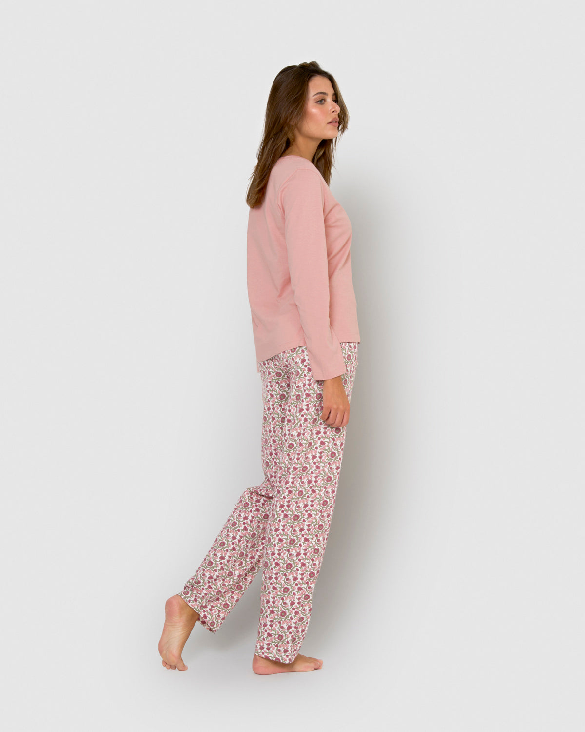 Pyjama long en coton à col en V, style Amazon, rose