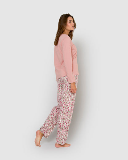 Pyjama long en coton à col en V, style Amazon, rose