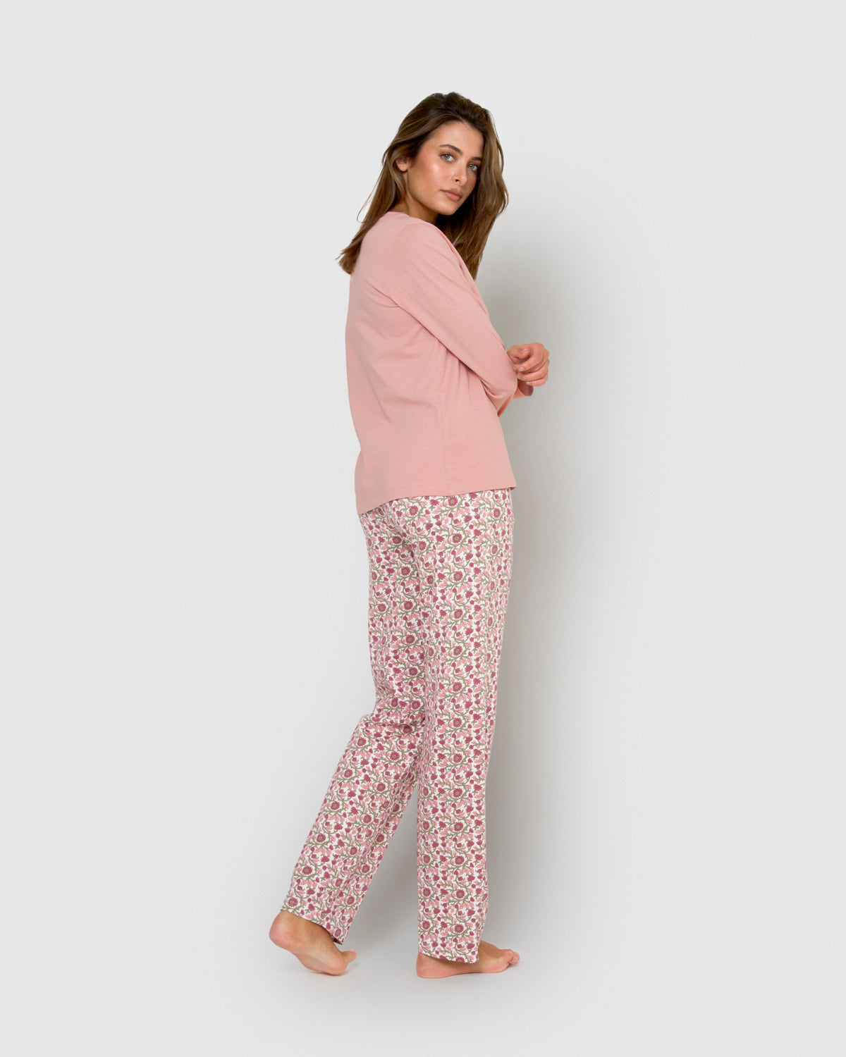 Pyjama long en coton à col en V, style Amazon, rose