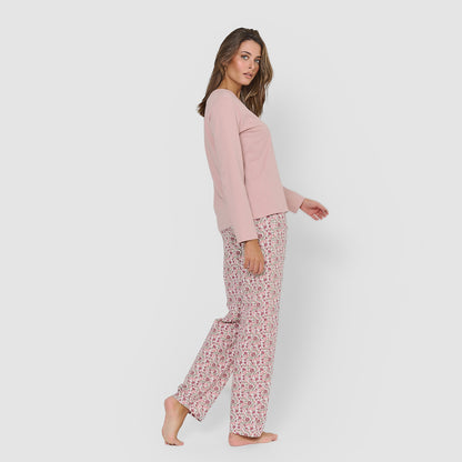 Pijama largo de algodón con escote pico amazonas rosa