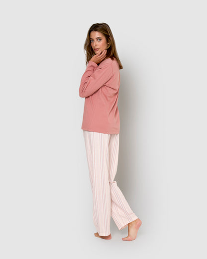 Pijama largo de algodón con escote pico raya martuca rosa