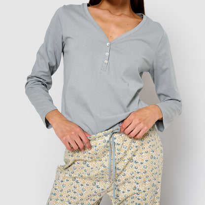 Pigiama lungo in cotone con scollo a V, Domana azzurro