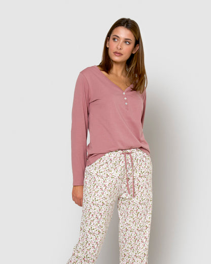 Pyjama long en coton avec un col en V rose
