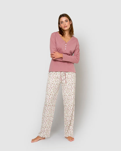 Pyjama long en coton avec un col en V rose