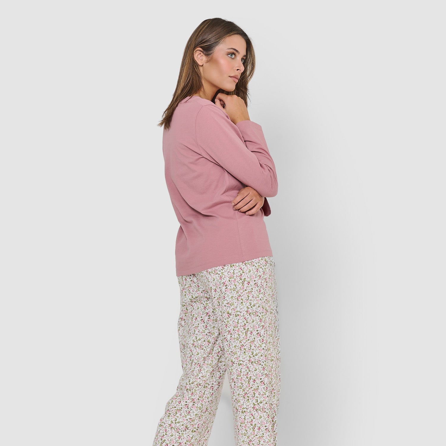 Pijama largo de algodón con escote pico pia rosa