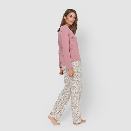 Pijama largo de algodón con escote pico pia rosa