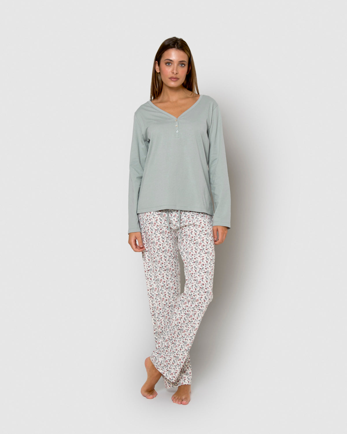 Pijama largo de algodón con escote pico niles azul agua