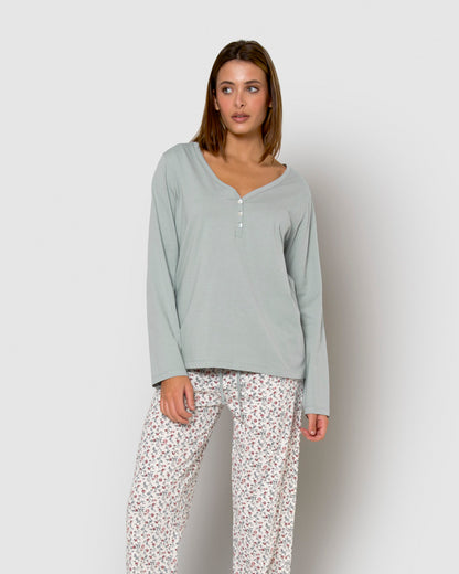 Pijama largo de algodón con escote pico niles azul agua