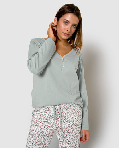 Pijama largo de algodón con escote pico niles azul agua