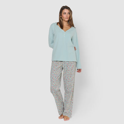 Pijama largo de algodón con escote pico belinda verde agua