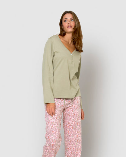 Pigiama lungo in cotone con scollo a v, verde, stile nidila