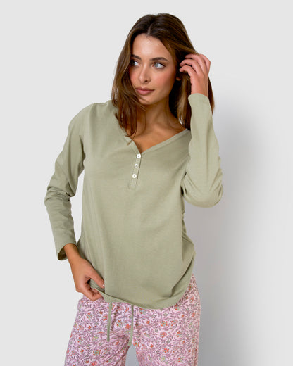 Pigiama lungo in cotone con scollo a v, verde, stile nidila
