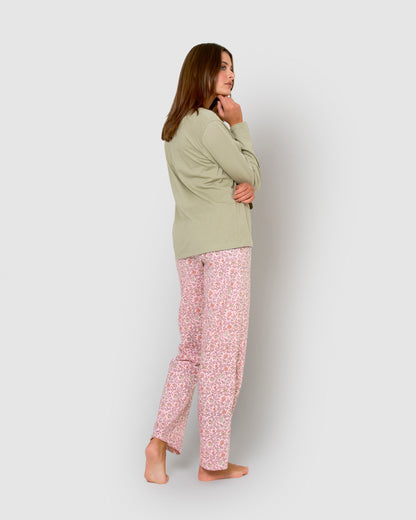Pigiama lungo in cotone con scollo a v, verde, stile nidila