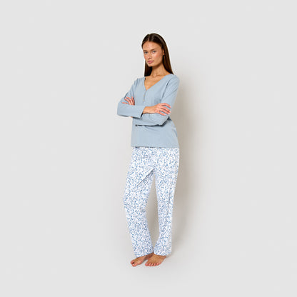 Pigiama lungo in cotone blu cayetana con scollo a v