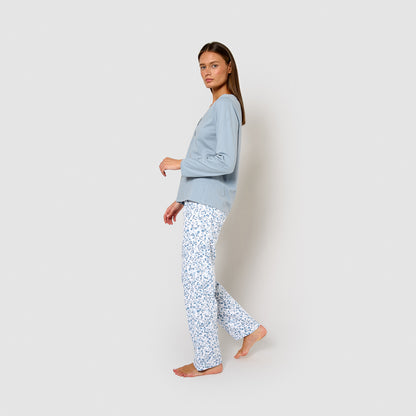 Pigiama lungo in cotone blu cayetana con scollo a v