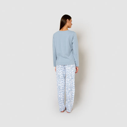 Pigiama lungo in cotone blu cayetana con scollo a v