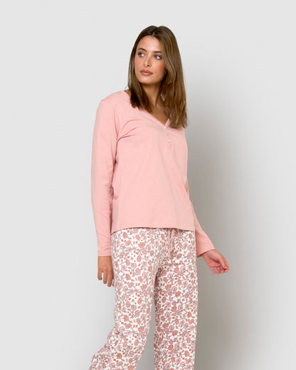 Pyjama long Meghan en coton rose pâle à col en V