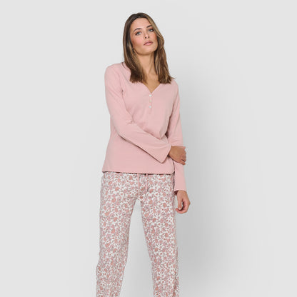 Pigiama lungo in cotone rosa pallido Meghan con scollo a V