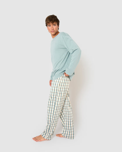 Long cotton pajamas, blue plaid